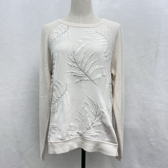 Tommy Bahama Womens Cashmere Sweater Medium Silk Front Cream Fronds Falling Palm - Picture 2 of 9